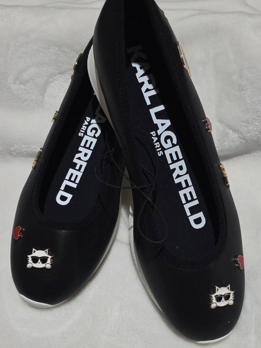 Karl Lagerfeld Black Ballet Flats with White Sole and Cat Charms
